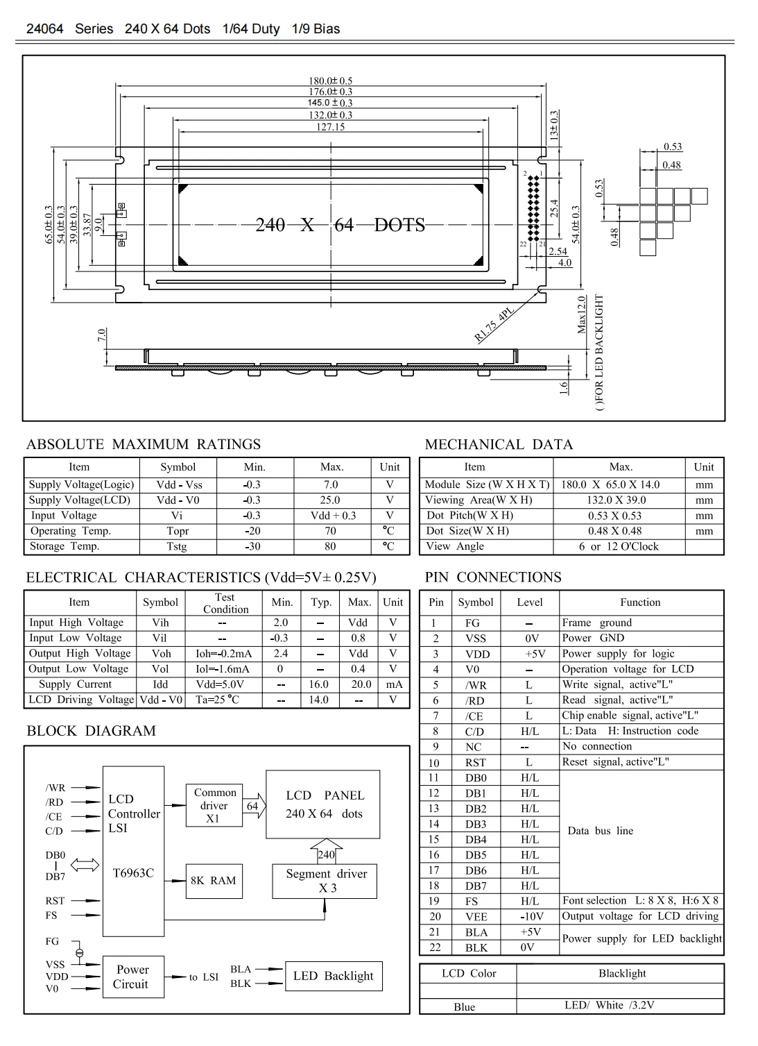 24064 Lcd Display T6963C or Uci6963c 22pin