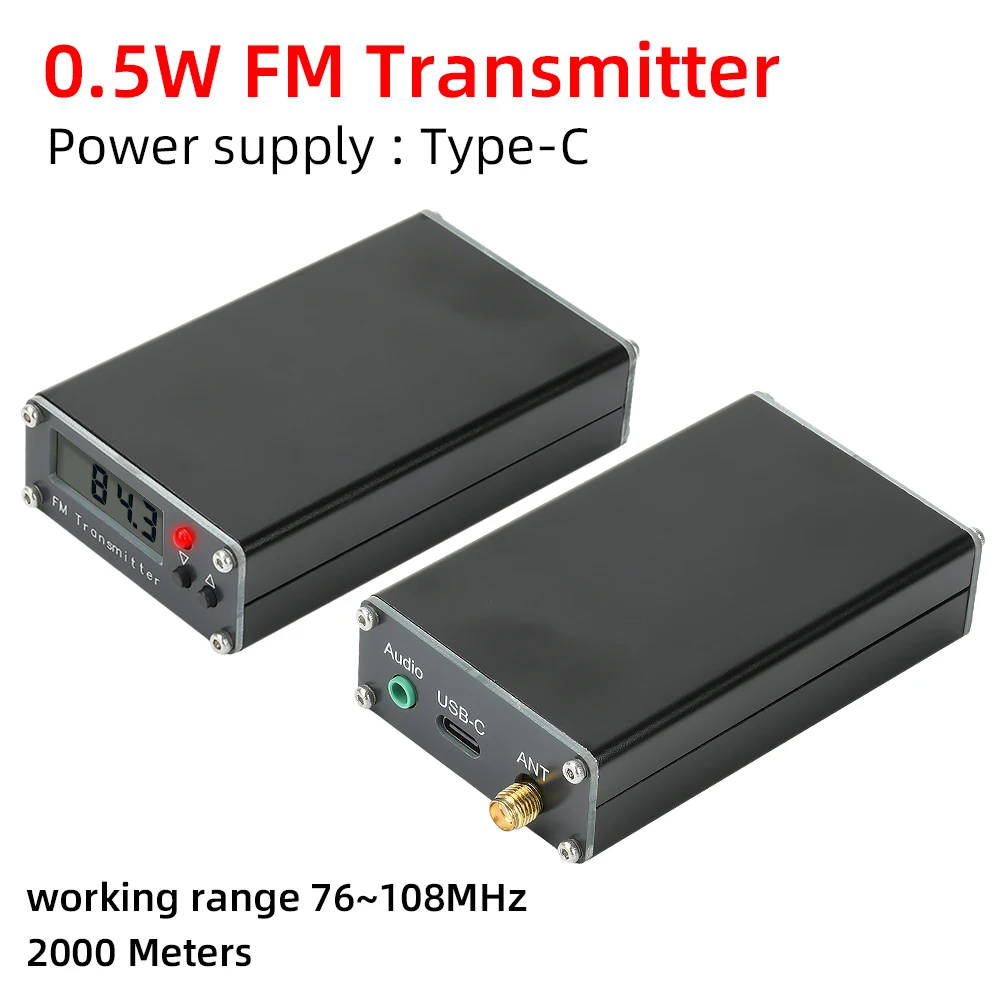 76-108MHz Frequency Band 2000m FM Transmitter 0.5W Digital LCD Display FM Transmitter Audio Stereo 3.5mm Interface USB Type-C 5V