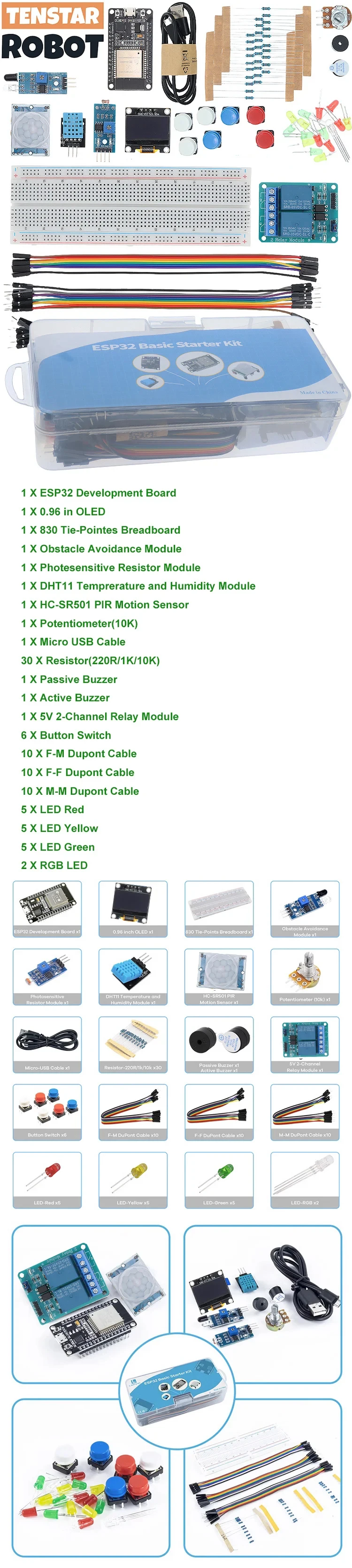Basic Starter Kit for ESP32 ESP-32S WIFI Development Board Project Learning Kit with Tutorials ESP32 kit with box