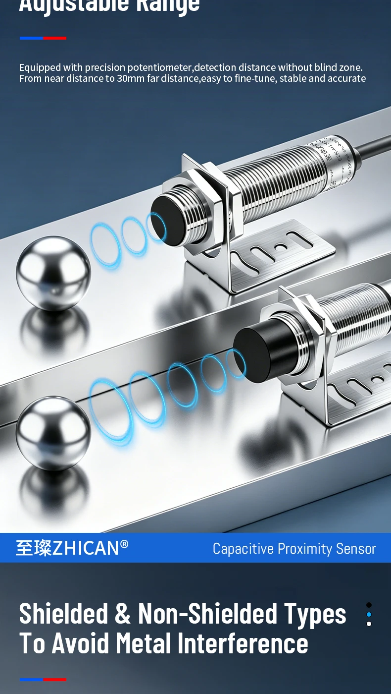 ZHICAN E2K M12 M18 Capacitive Proximity Sensor 30mm Long Range Plastics Glass Wood Metals Nonmetal Material Detection Switch