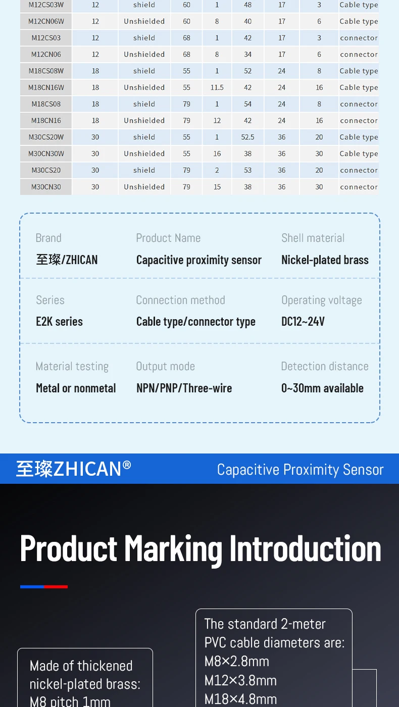 ZHICAN E2K M12 M18 Capacitive Proximity Sensor 30mm Long Range Plastics Glass Wood Metals Nonmetal Material Detection Switch