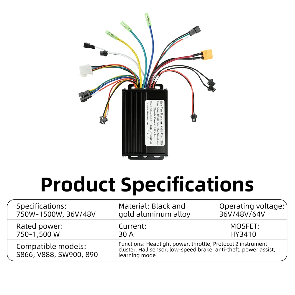 36V 48V 64V 30A Electric Vehicle Motor Controller 750-1500W Sine Wave Three-Mode Driver SM Connector Instrument Bicycle S866
