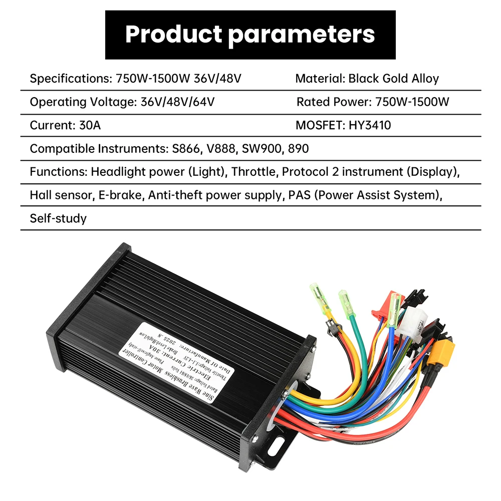 36V 48V 64V 30A Electric Vehicle Motor Controller 750-1500W Sine Wave Three-Mode Driver SM Connector Instrument Bicycle S866