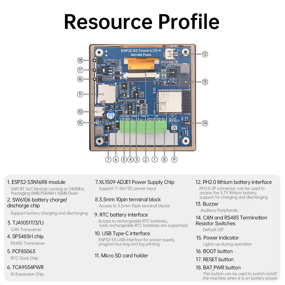 ESP32 S3 4-inch LCD Development Board Capacitive Touch Display 480x480 ESP32-S3-Touch-LCD-4 Support WiFi and Bluetooth