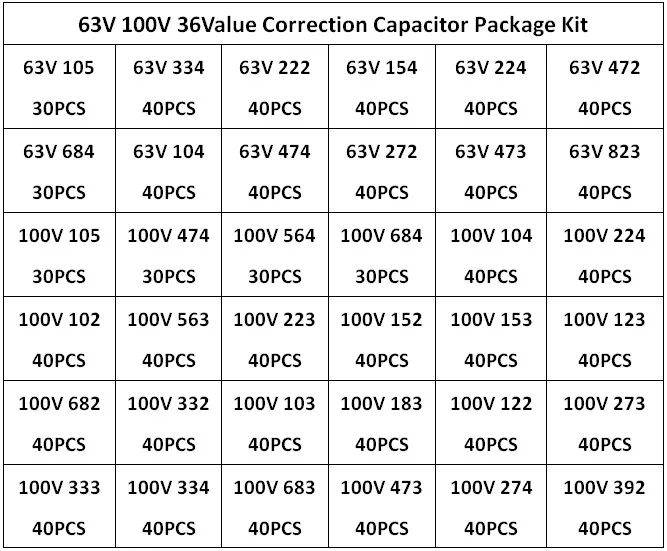 63V 100V 36 Value Correction Capacitor Package Kit Polypropylene Safety Plastic Film 105-823 Set Free