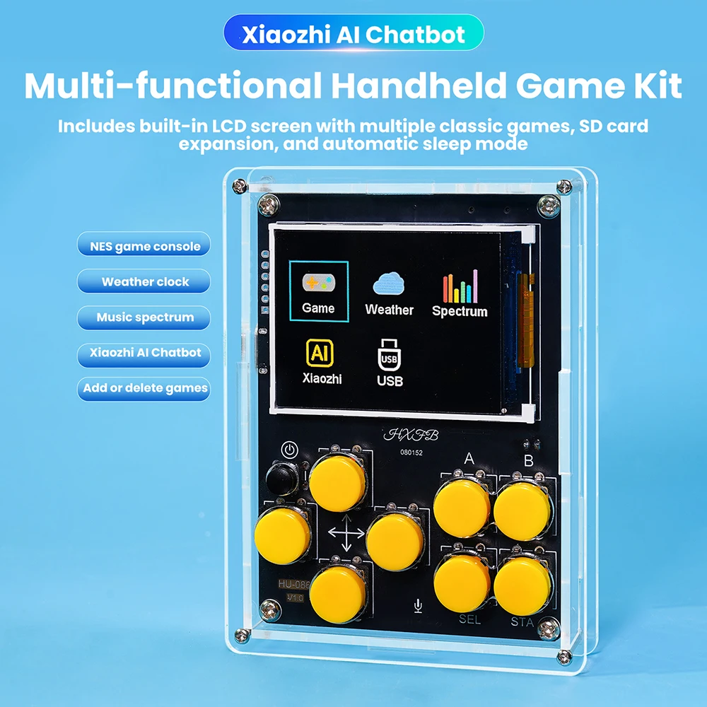 Handheld DIY Kit Game Console with Xiaozhi AI Voice Dialogue Built in 25 Classic Games Weather Clock Music Spectrum Electronic