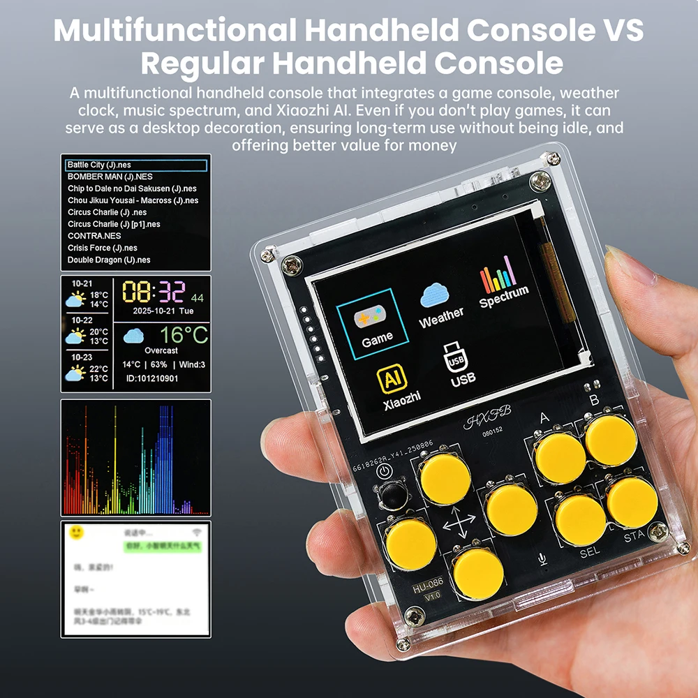 Handheld DIY Kit Game Console with Xiaozhi AI Voice Dialogue Built in 25 Classic Games Weather Clock Music Spectrum Electronic