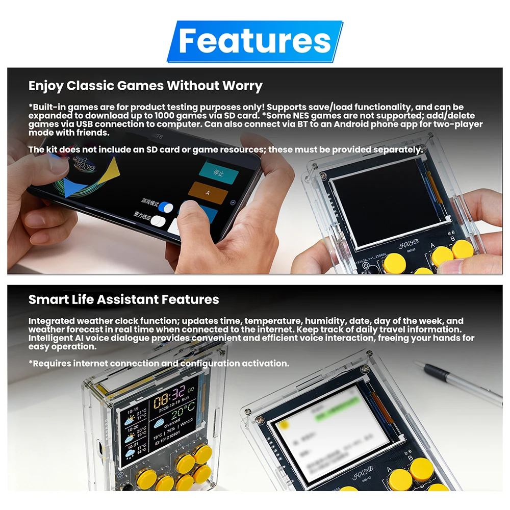 Handheld DIY Kit Game Console with Xiaozhi AI Voice Dialogue Built in 25 Classic Games Weather Clock Music Spectrum Electronic
