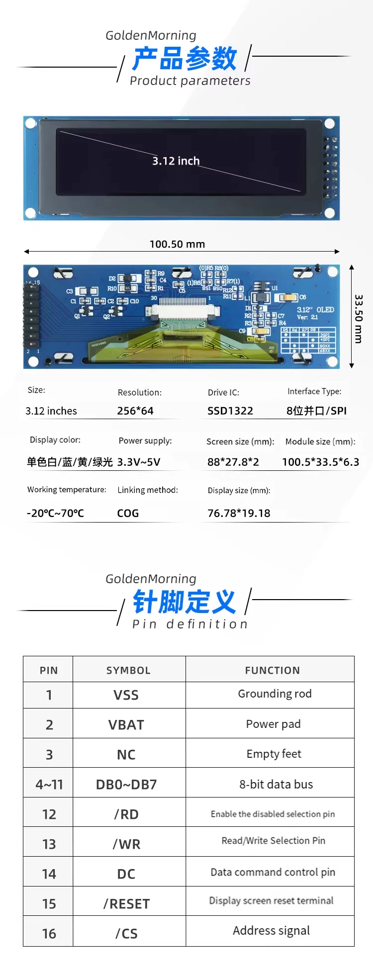 3.12 inch OLED Display Module SSD1322 256x64 for STM32 Raspberry Pi, SPI I2C Interface with Pre-soldered Pin Header