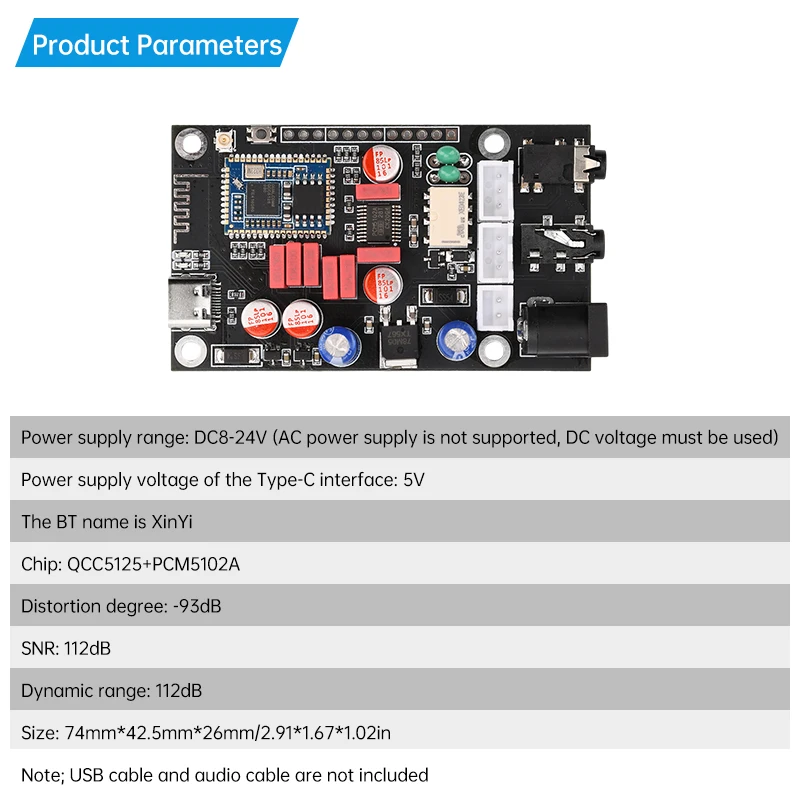 DC 8-24V APTX HD QCC5125 LDAC Wireless Adapter Bluetooth 5.1 Receiver Board DAC Audio Decoder Board 24Bit/96Khz LDAC Type-C