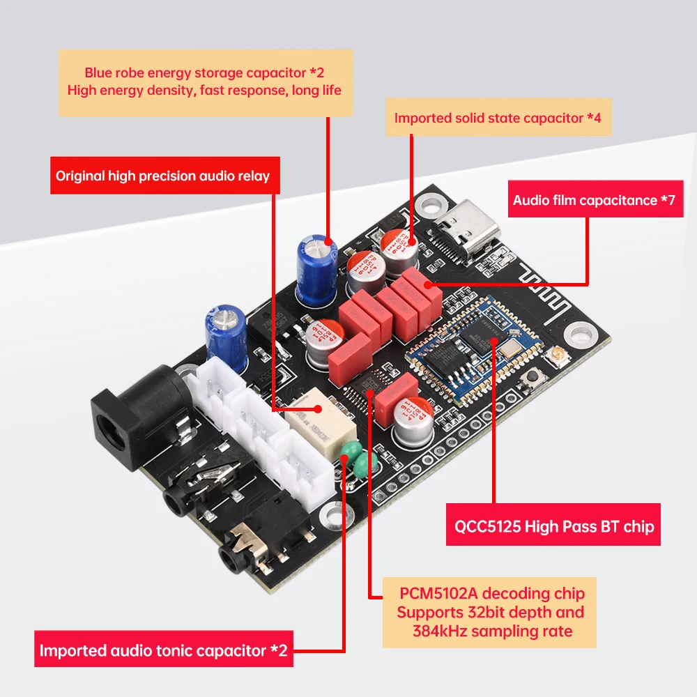 DC 8-24V APTX HD QCC5125 LDAC Wireless Adapter Bluetooth 5.1 Receiver Board DAC Audio Decoder Board 24Bit/96Khz LDAC Type-C
