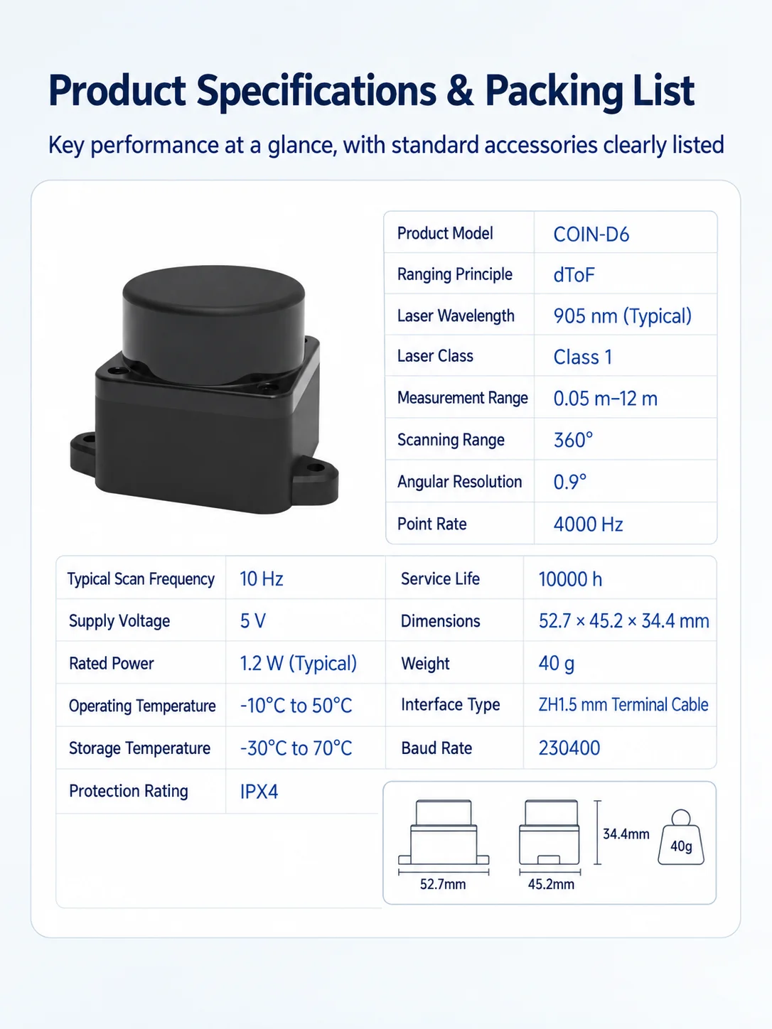 WitMotion DTOF Laser Lidar Sensor Module Outdoor Light Resistance 60Klx 5000Hz 12m 360° Scanning Support ROS1 ROS2 Arduino