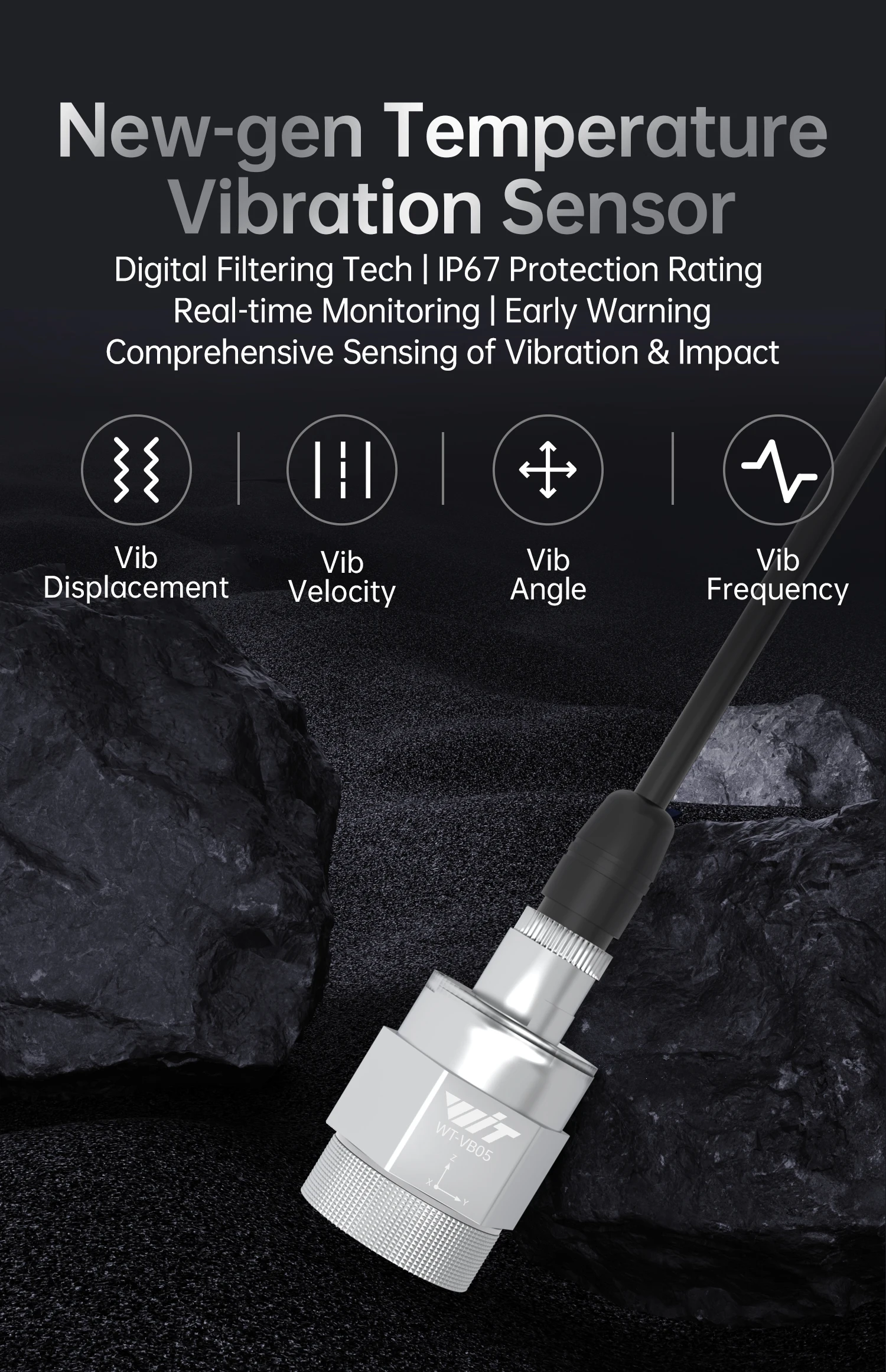 WitMotion WTVB05 Temperature Vibration 3 Xial Acceleration+Amplitude+Displacement+Frequency IP67 Sensor for Motor Water Pump