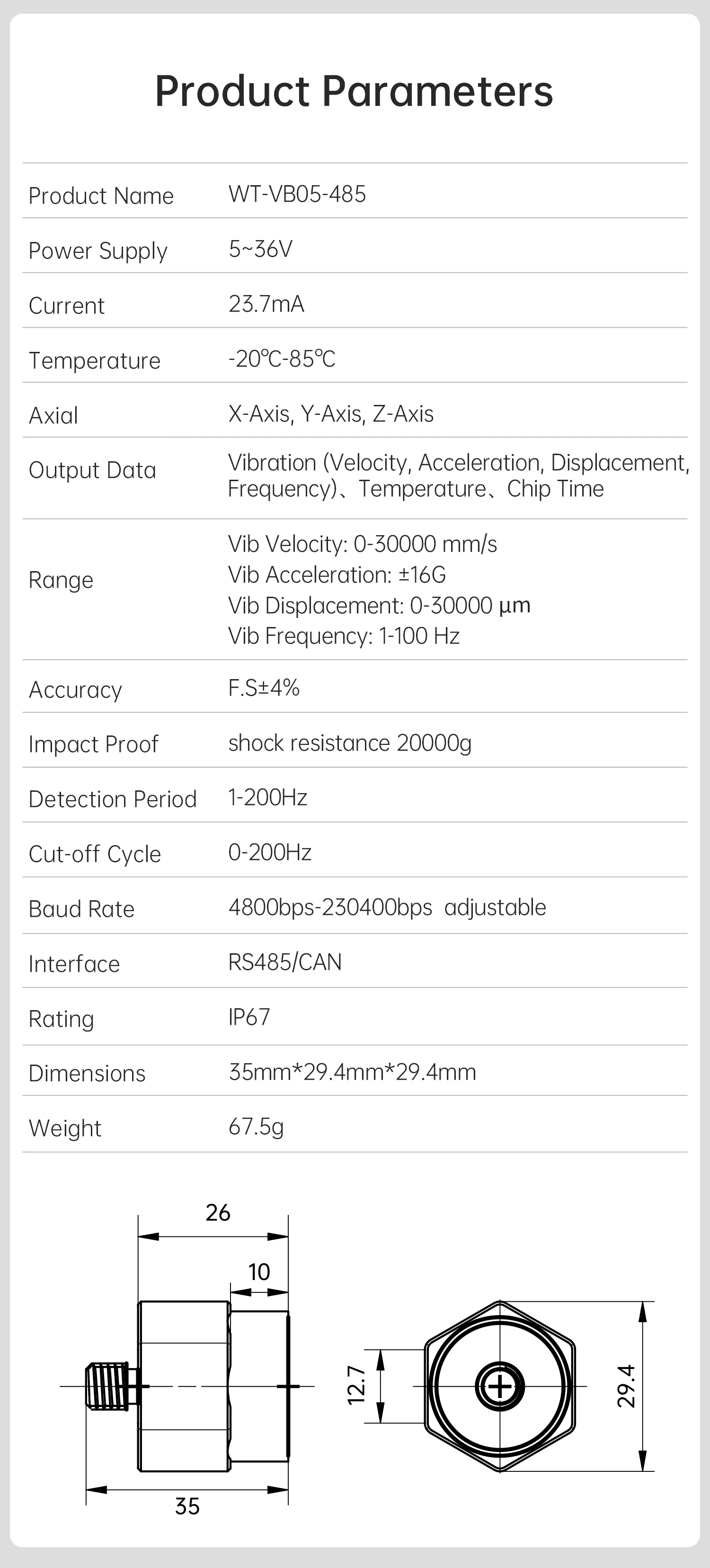 WitMotion WTVB05 Temperature Vibration 3 Xial Acceleration+Amplitude+Displacement+Frequency IP67 Sensor for Motor Water Pump