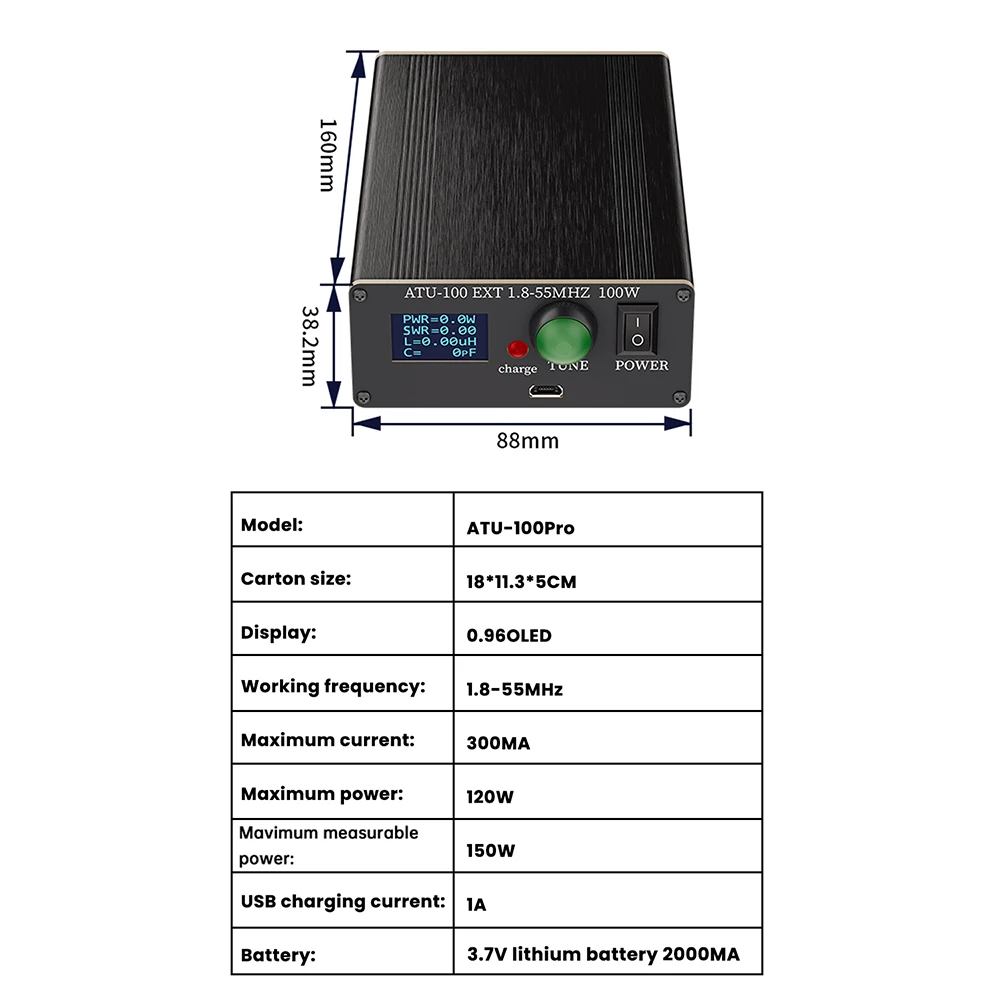 ATU-100Pro Shortwave Antenna Tuner 1.8MHz-55MHz Automatic Tuning Device 0.96 Inch OLED Micro USB Cable for Amateur Radio Use