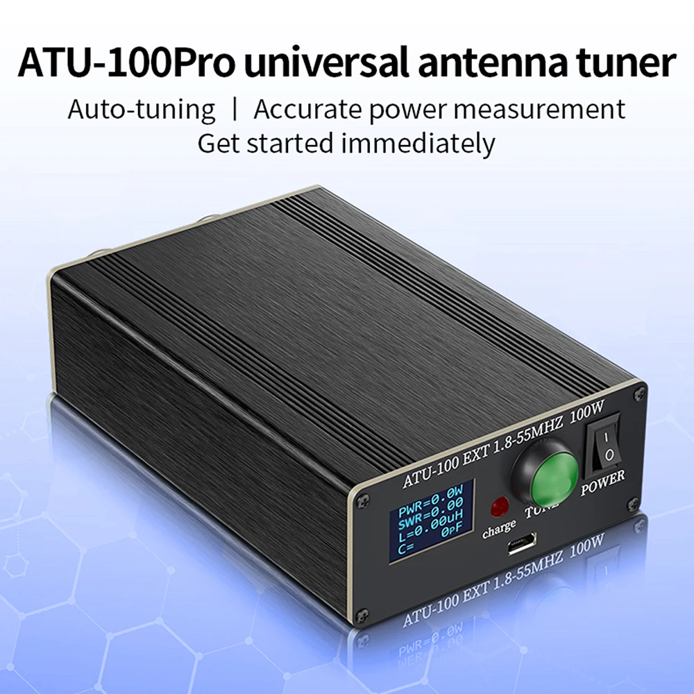 ATU-100Pro Shortwave Antenna Tuner 1.8MHz-55MHz Automatic Tuning Device 0.96 Inch OLED Micro USB Cable for Amateur Radio Use