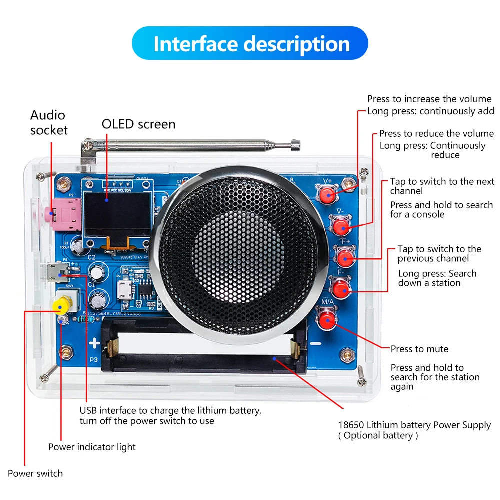 RDA5807 FM Radio DIY Kit Rechargeable FM 87-108MHz OLED Display DIY Electronics Welding Assembly Practice Parts