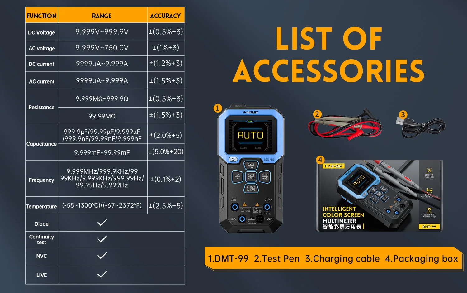 FNIRSI DMT-99 Smart Multimeter True RMS NCV Auto Range 100000 Counts AC/DC Voltage Current Temperature Meter