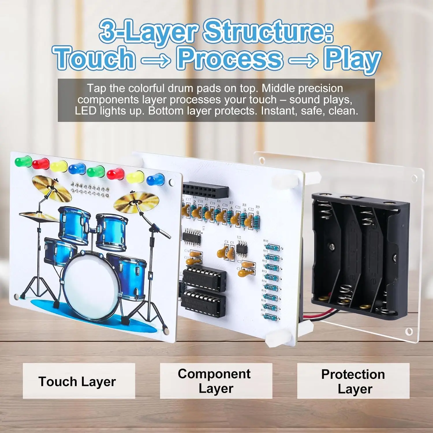 DIY Drum Soldering Practice Kit with Touch Sensor Sound & LED Lights STEM Electronics Project for School Students & Music Lovers