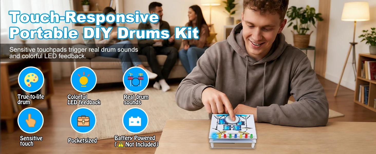 DIY Drum Soldering Practice Kit with Touch Sensor Sound & LED Lights STEM Electronics Project for School Students & Music Lovers