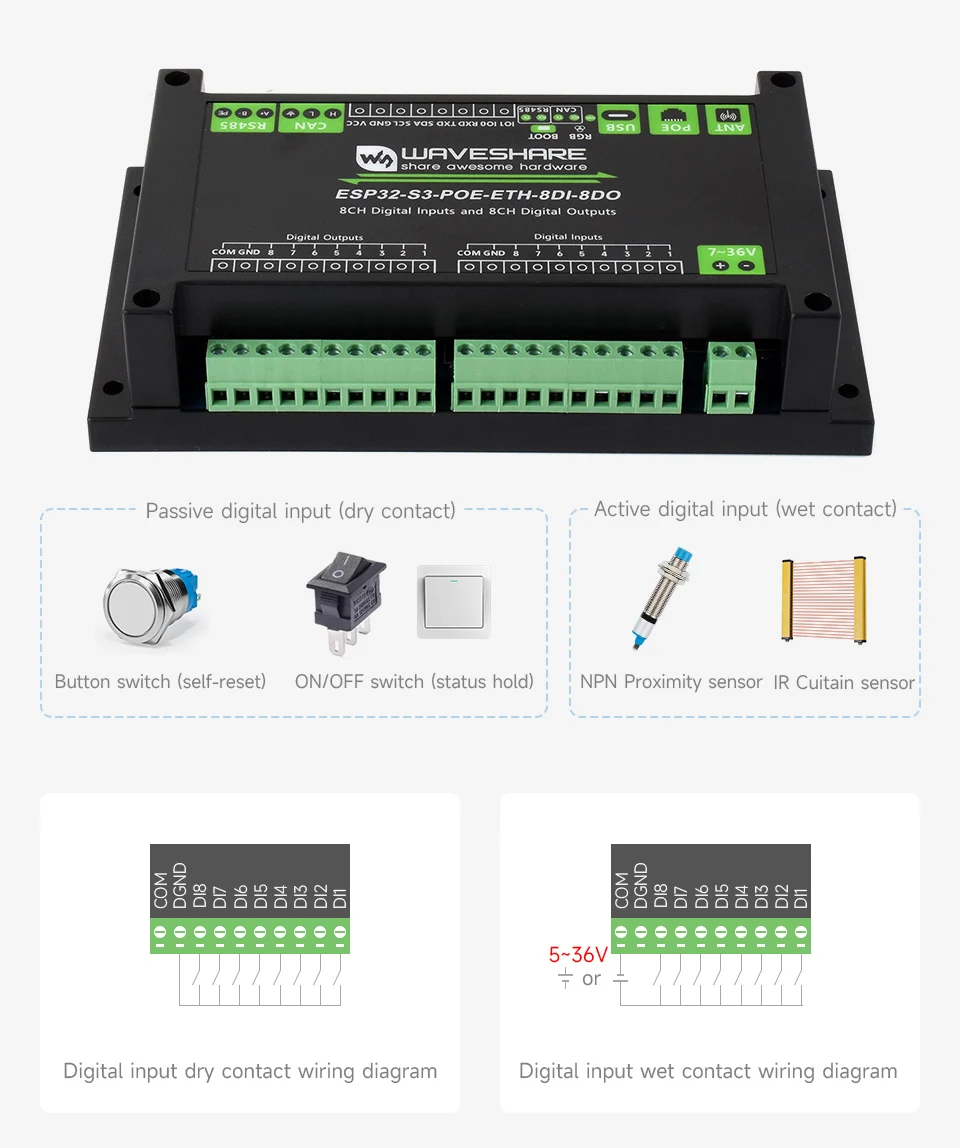 Waveshare ESP32-S3-POE-ETH-8DI-8DO,Control Board With 8-Channel Digital Input & Output, Built-in Xtensa 32-bit LX7 Dual-core Pro
