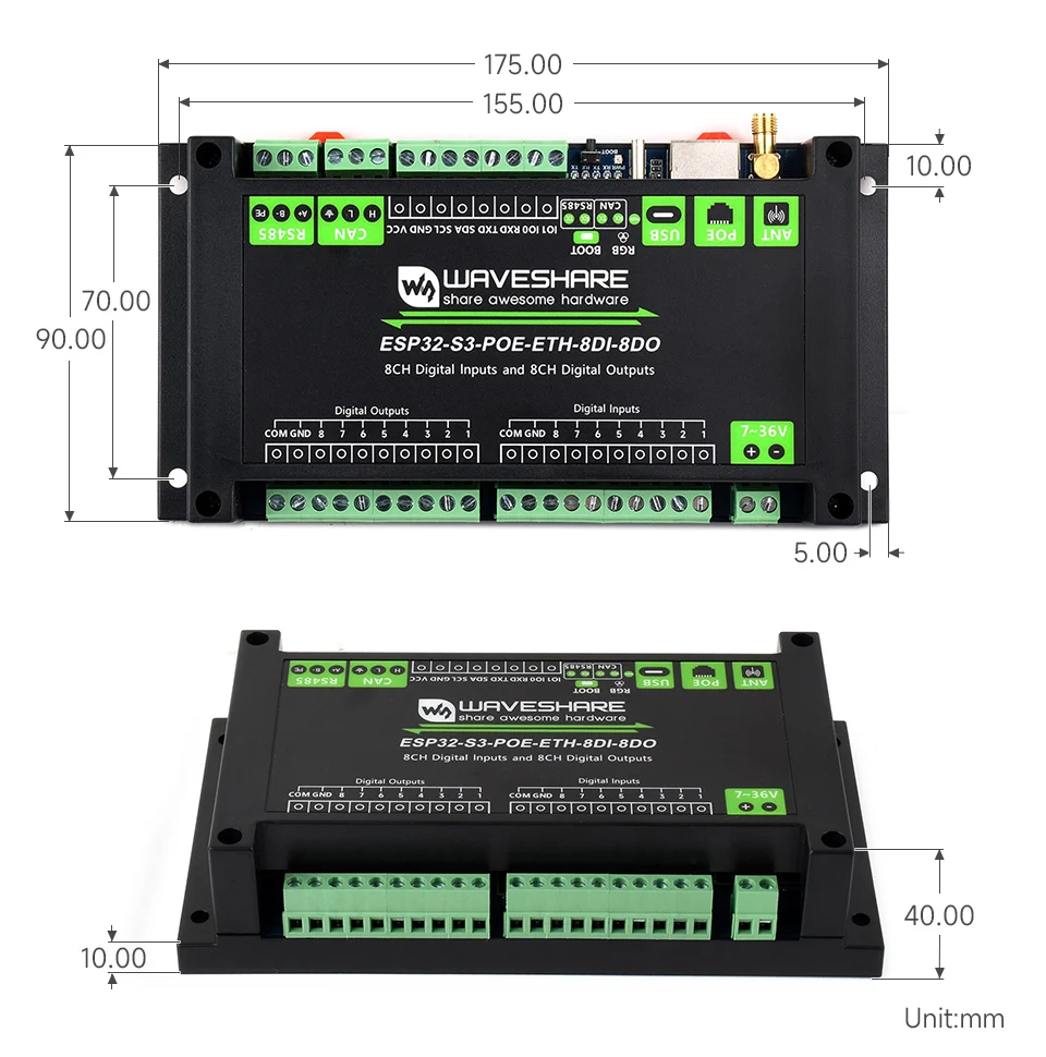 Waveshare ESP32-S3-POE-ETH-8DI-8DO,Control Board With 8-Channel Digital Input & Output, Built-in Xtensa 32-bit LX7 Dual-core Pro
