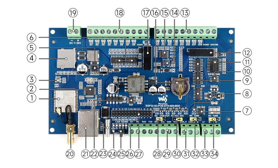 Waveshare ESP32-S3-POE-ETH-8DI-8DO,Control Board With 8-Channel Digital Input & Output, Built-in Xtensa 32-bit LX7 Dual-core Pro