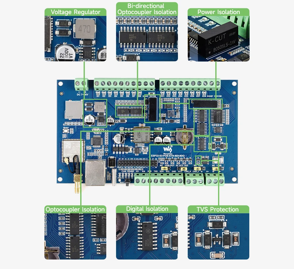 Waveshare ESP32-S3-POE-ETH-8DI-8DO,Control Board With 8-Channel Digital Input & Output, Built-in Xtensa 32-bit LX7 Dual-core Pro