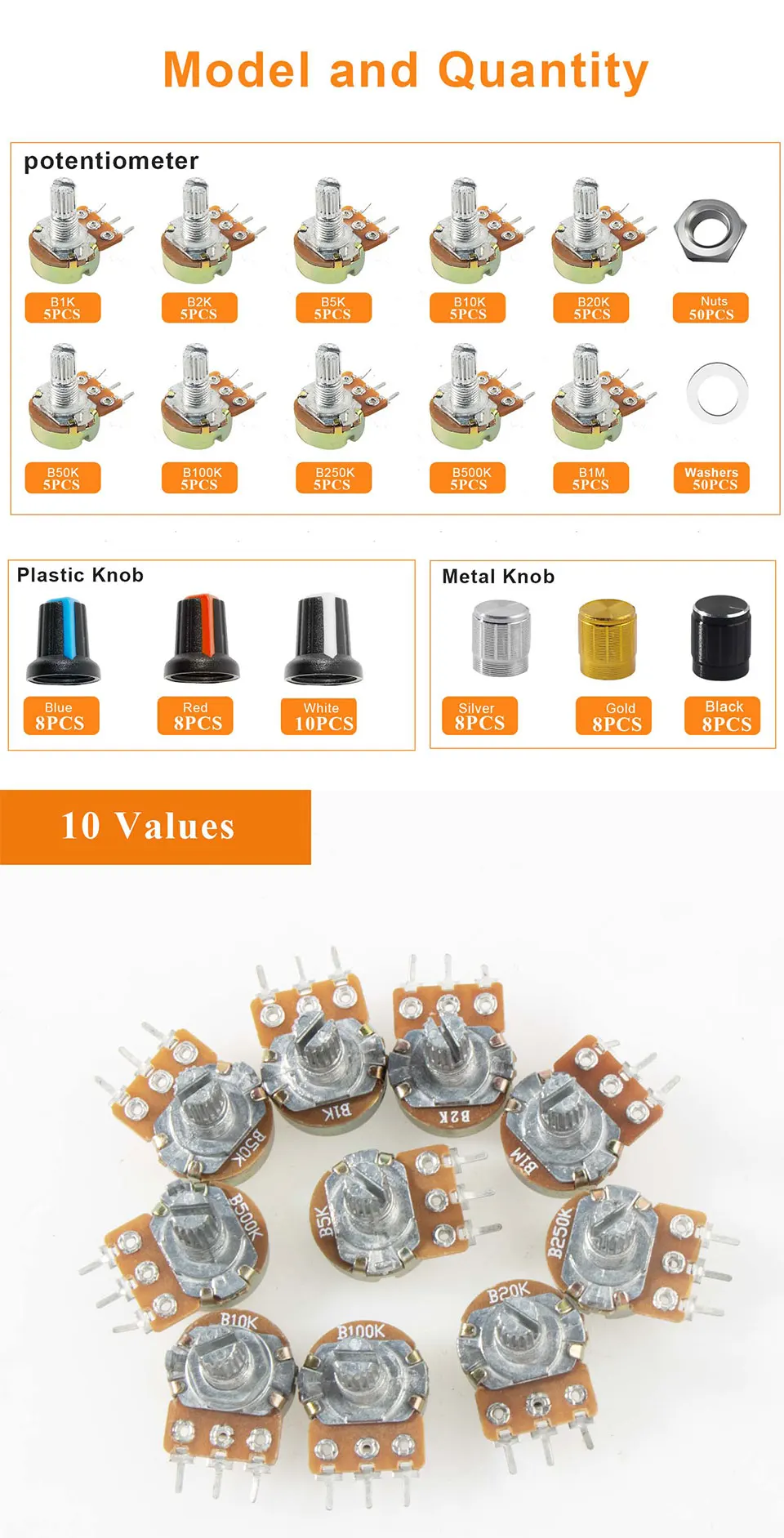 200pcs WH148 Potentiometer Kit Single-Joint Potentiometers With Rotary Knob b1k 2k 5k 10k 20k 50k 100k 250k 500k 1m