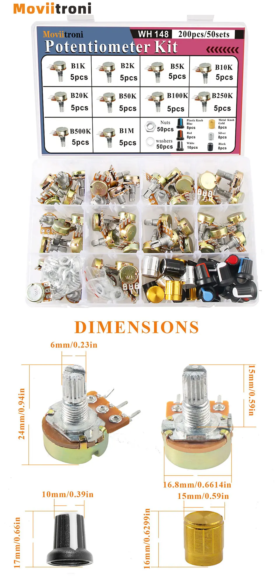 200pcs WH148 Potentiometer Kit Single-Joint Potentiometers With Rotary Knob b1k 2k 5k 10k 20k 50k 100k 250k 500k 1m