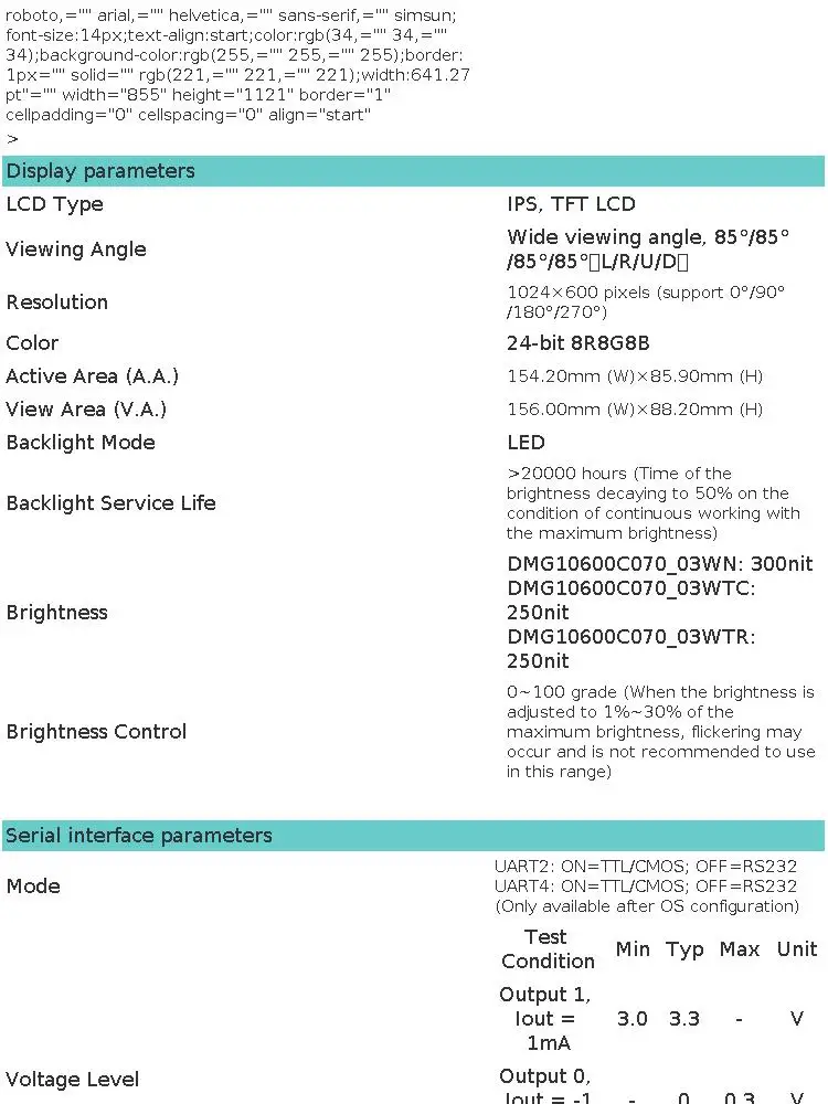 DWIN 7.0 Inch Display 1024*600 HMI Smart Module IPS-TFT-LCD Module Capacitive Touch Panel Wide Viewing Angle DMG10600C070_03W