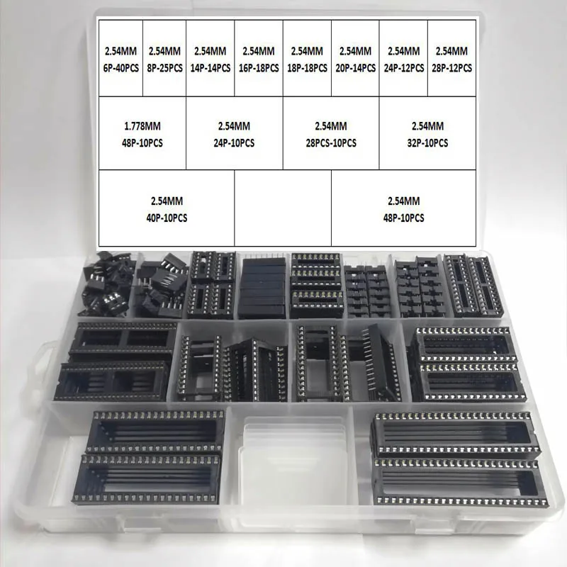 213Pcs/Box 2.54 1.778 mm Pitch DIP IC Sockets Solder Type Adaptor Assortment Kit (6/8/14/16/18/20/24/28/40/48 Pins)