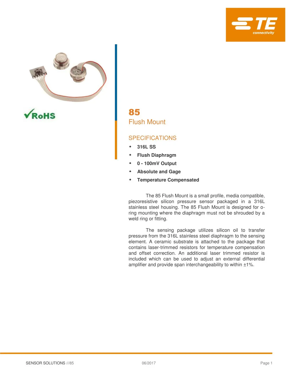 85-015G-FC TE Original American MEAS Pressure Sensor, 15 PSI