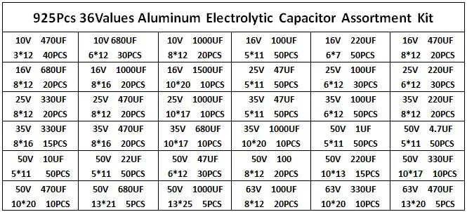 925Pcs 36Values Aluminum Electrolytic Capacitor Assortment Kit Low ESR 1uF 4.7uF 10uF 22uF 47uF 100uF 220uF 330uF 470uF