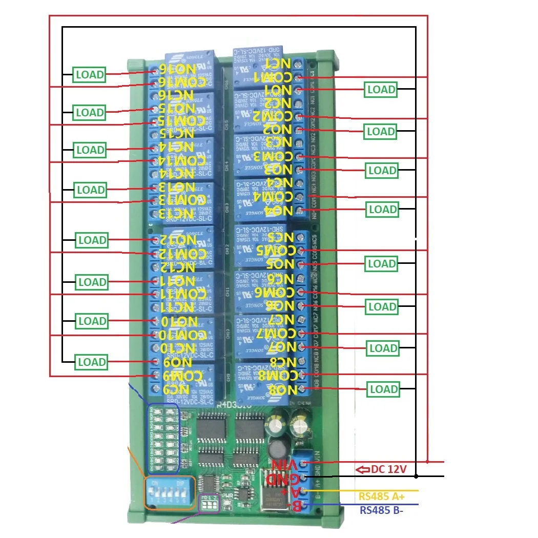 16-Channel 12V 10A DIN Rail Box PLC Expansion Board RS485 Modbus RTU Relay Module