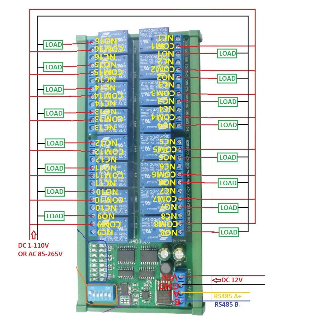 16-Channel 12V 10A DIN Rail Box PLC Expansion Board RS485 Modbus RTU Relay Module
