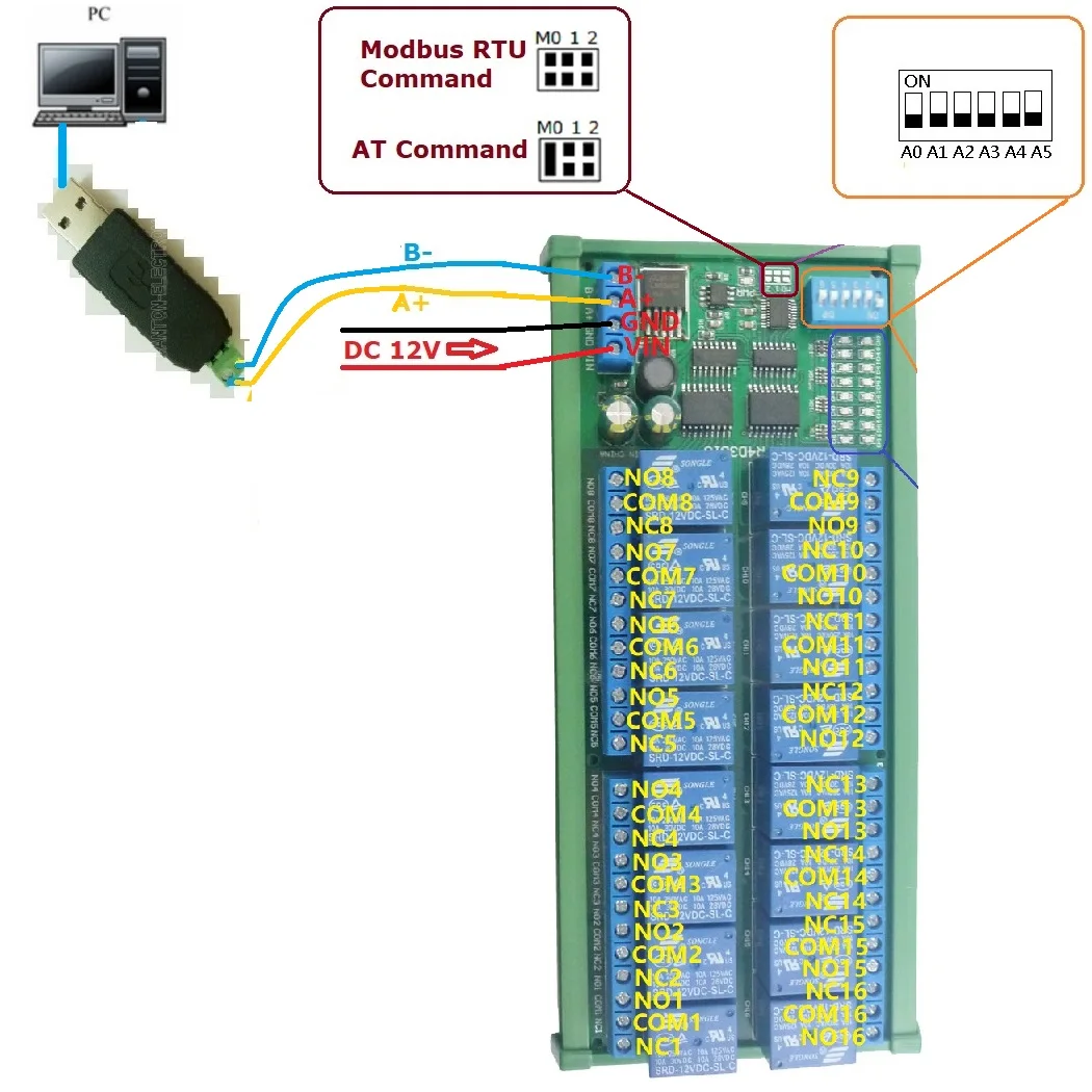 16-Channel 12V 10A DIN Rail Box PLC Expansion Board RS485 Modbus RTU Relay Module