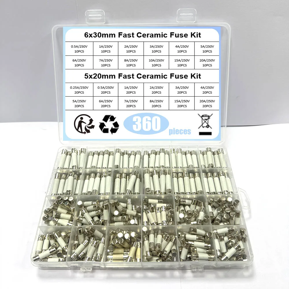 360pcs 24 Types 5*20mm 6*30mm Ceramic Fuse Combination Box 250V 0.25A 0.5A 1A 2A 2.5A 3A 4A 5A 6A 8A 10A 15A 20A