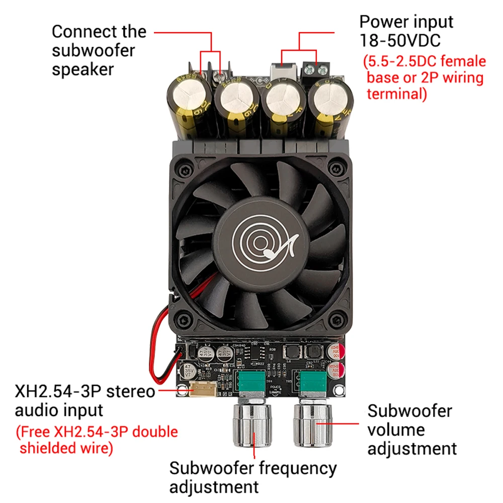 ZK-6001 DC18-50V Active Subwoofer Pure Post Amplifier Board Low-Pass Filter Mono 600W Frequency Volume Adjustment TPA3225