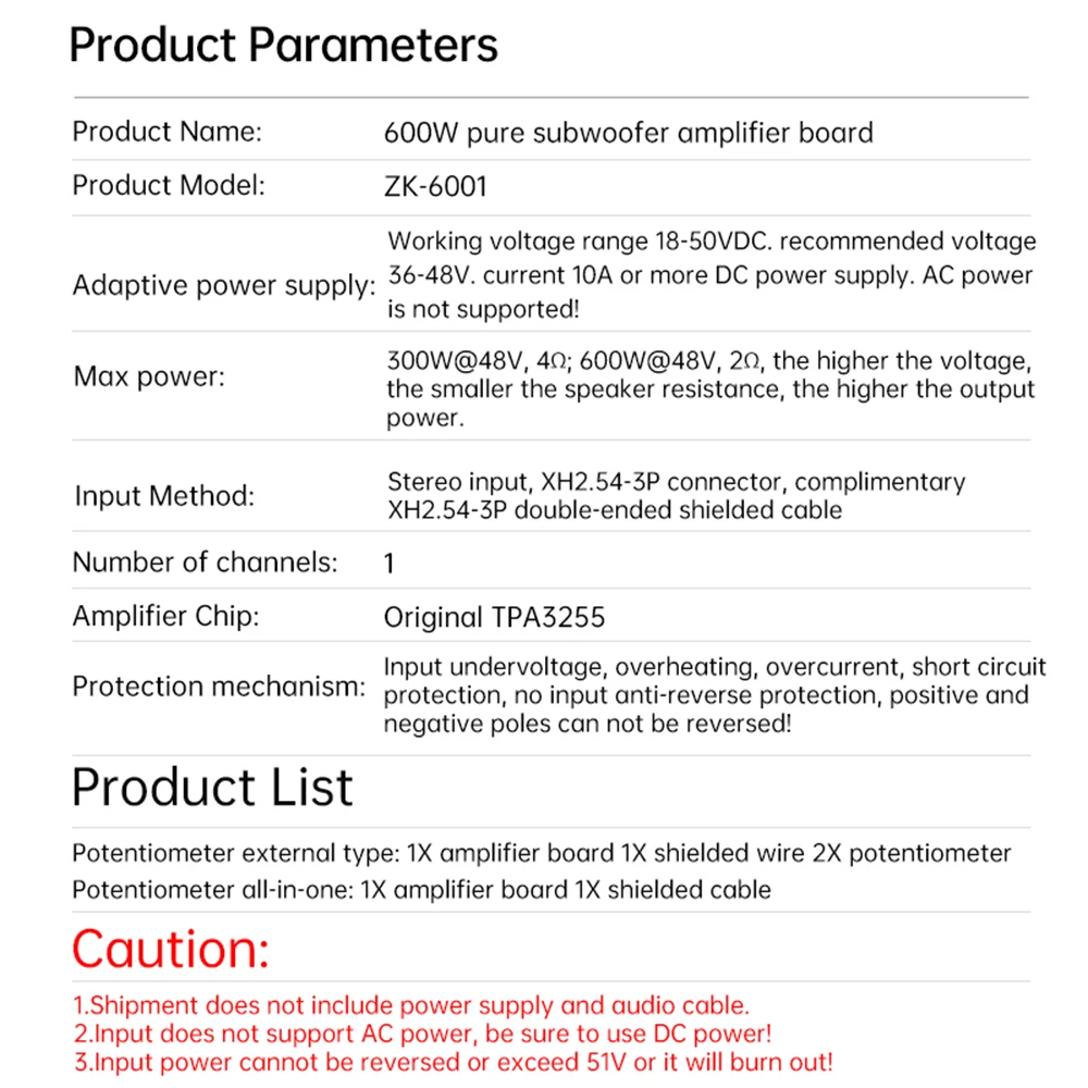 ZK-6001 DC18-50V Active Subwoofer Pure Post Amplifier Board Low-Pass Filter Mono 600W Frequency Volume Adjustment TPA3225