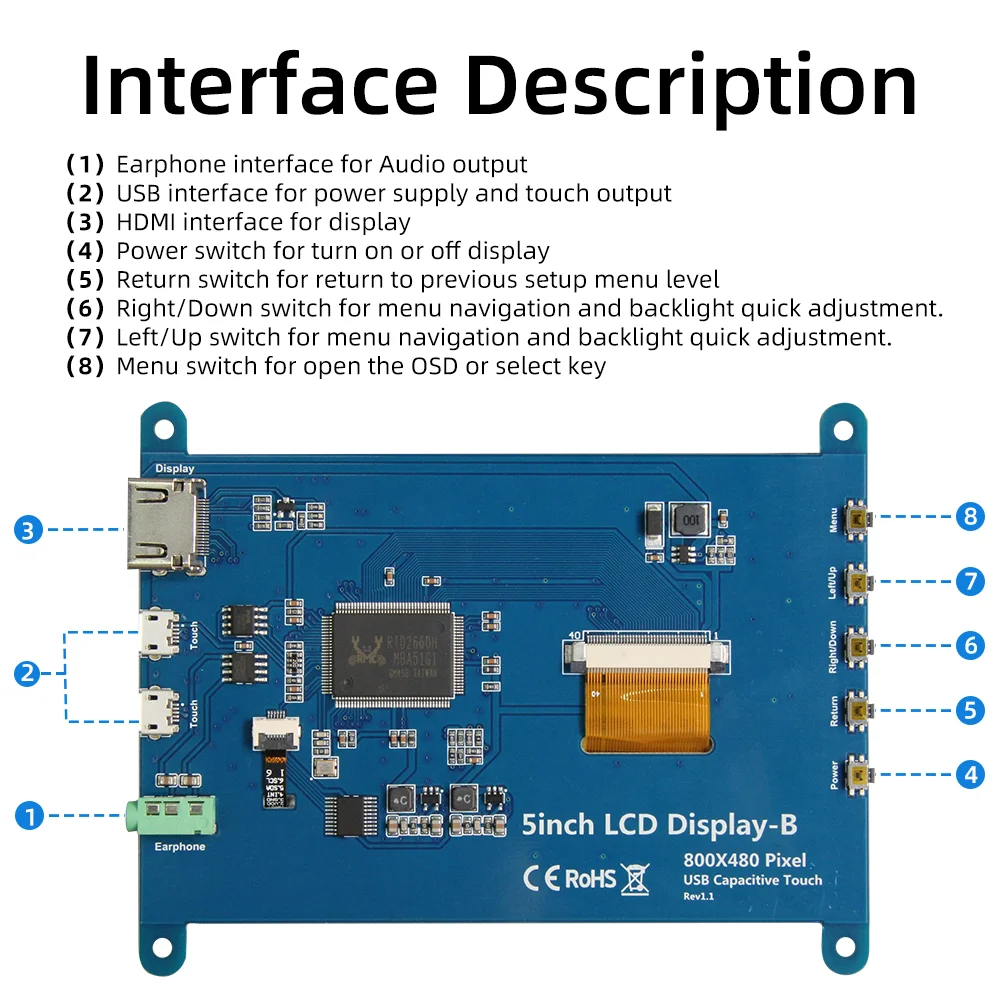5 Inch IPS LCD Capacitive Touch Screen 800*480 HDMI Display Monitor for Raspberry Pi 5 4B 3B
