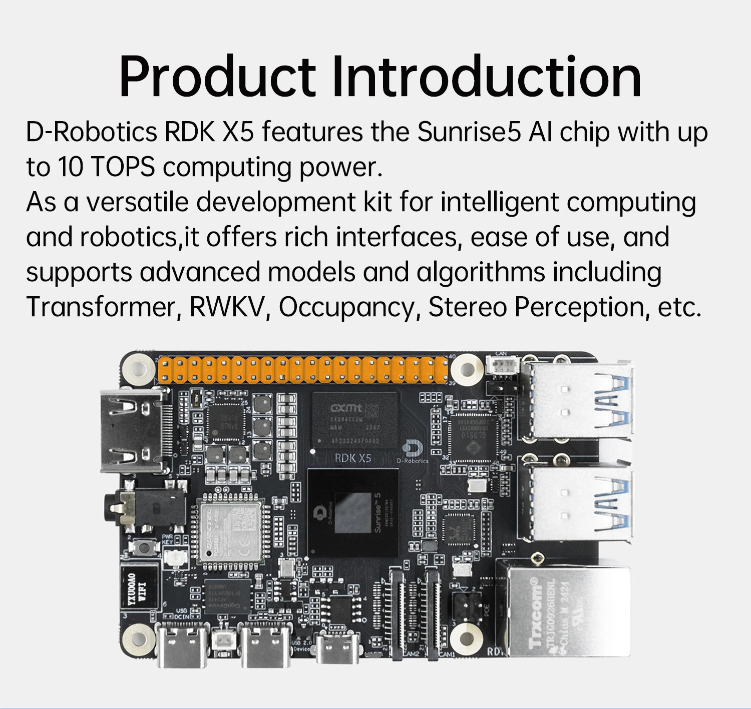 D-Robotics RDK X5 Robot Dev Kit 8GB RAM AI Large Model Sunrise 5 Chip 10TOPS Octa-core Cortex A55 for Edge Computing Projects