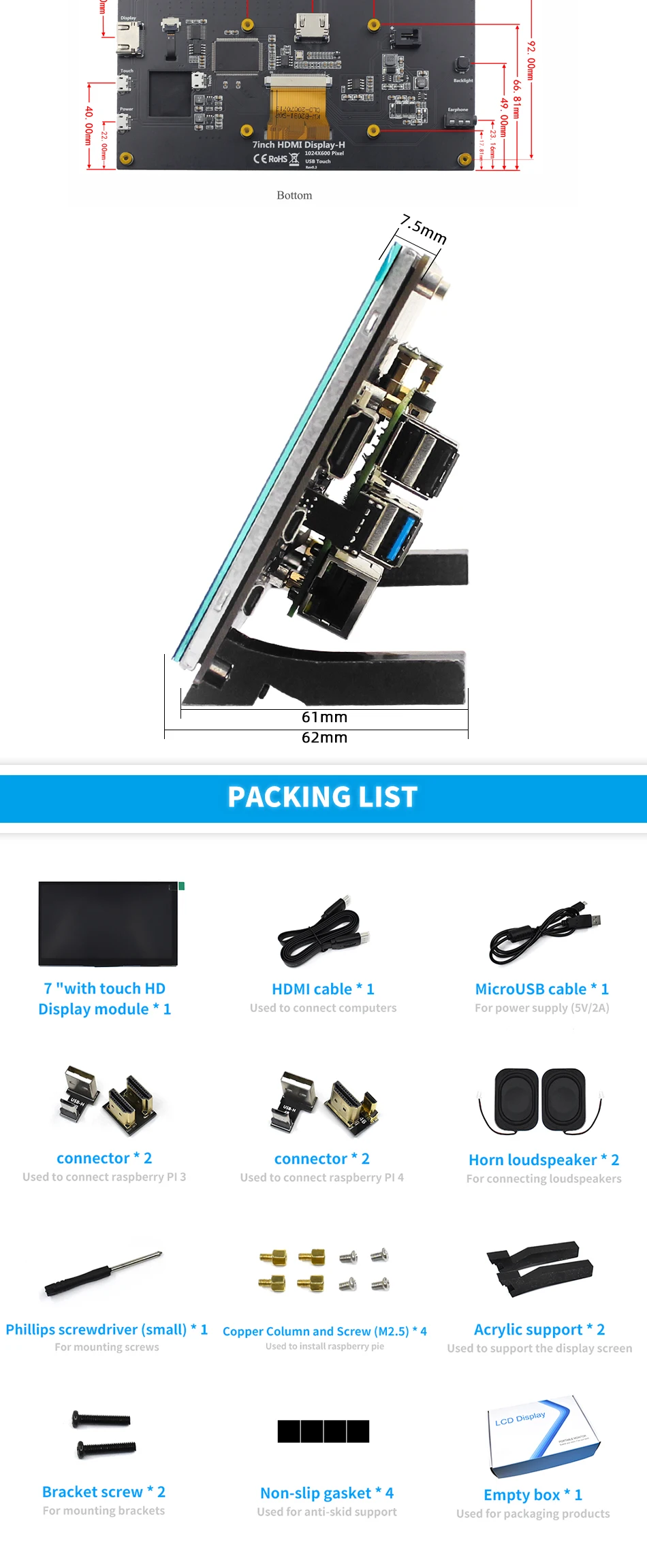 7 Inch Raspberry Pi 4 Model B Touch Screen 1024x600 IPS Capacitive LCD with Speaker for Raspberry Pi 3B+/3B/Nvidia Jetson Nano