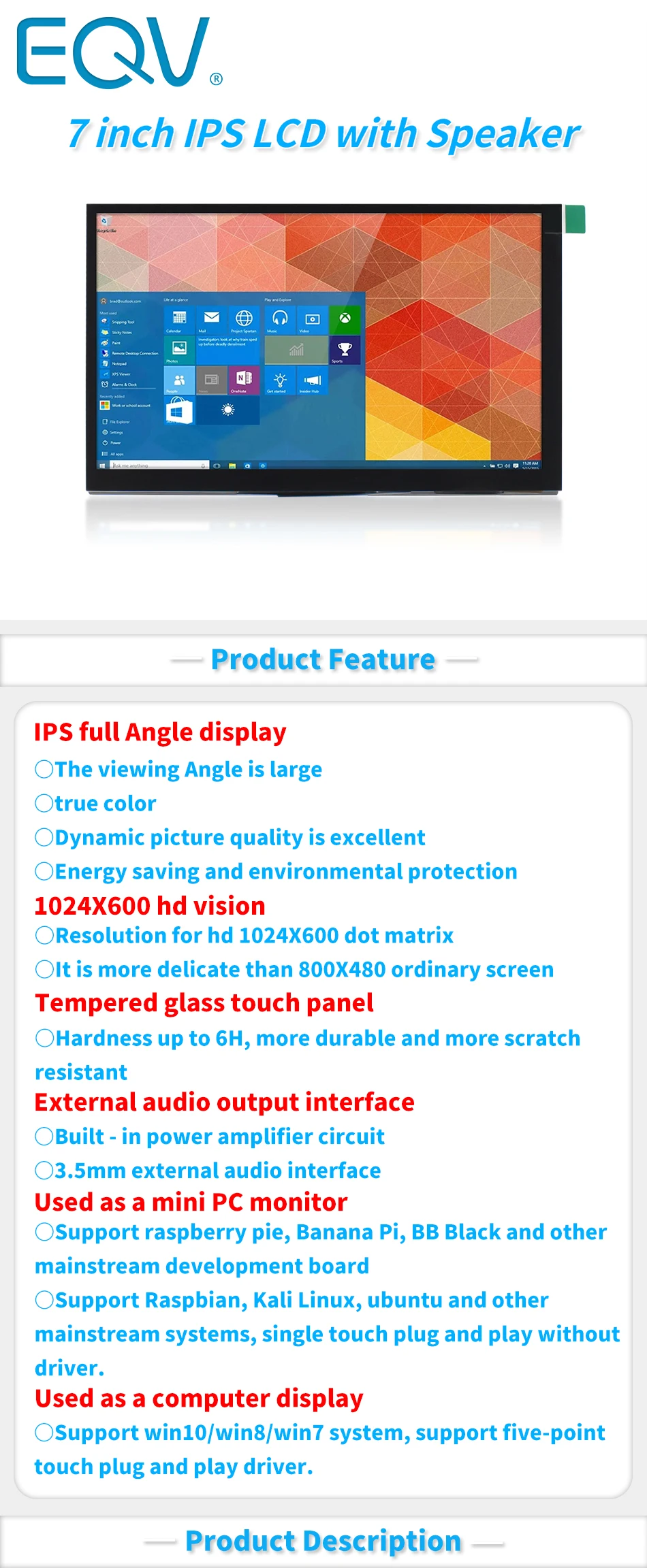 7 Inch Raspberry Pi 4 Model B Touch Screen 1024x600 IPS Capacitive LCD with Speaker for Raspberry Pi 3B+/3B/Nvidia Jetson Nano