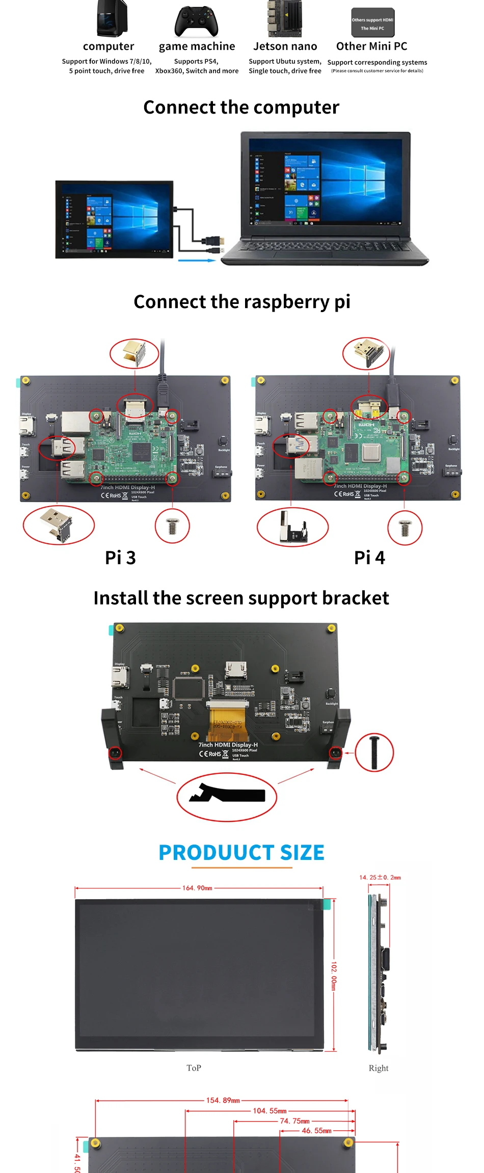 7 Inch Raspberry Pi 4 Model B Touch Screen 1024x600 IPS Capacitive LCD with Speaker for Raspberry Pi 3B+/3B/Nvidia Jetson Nano
