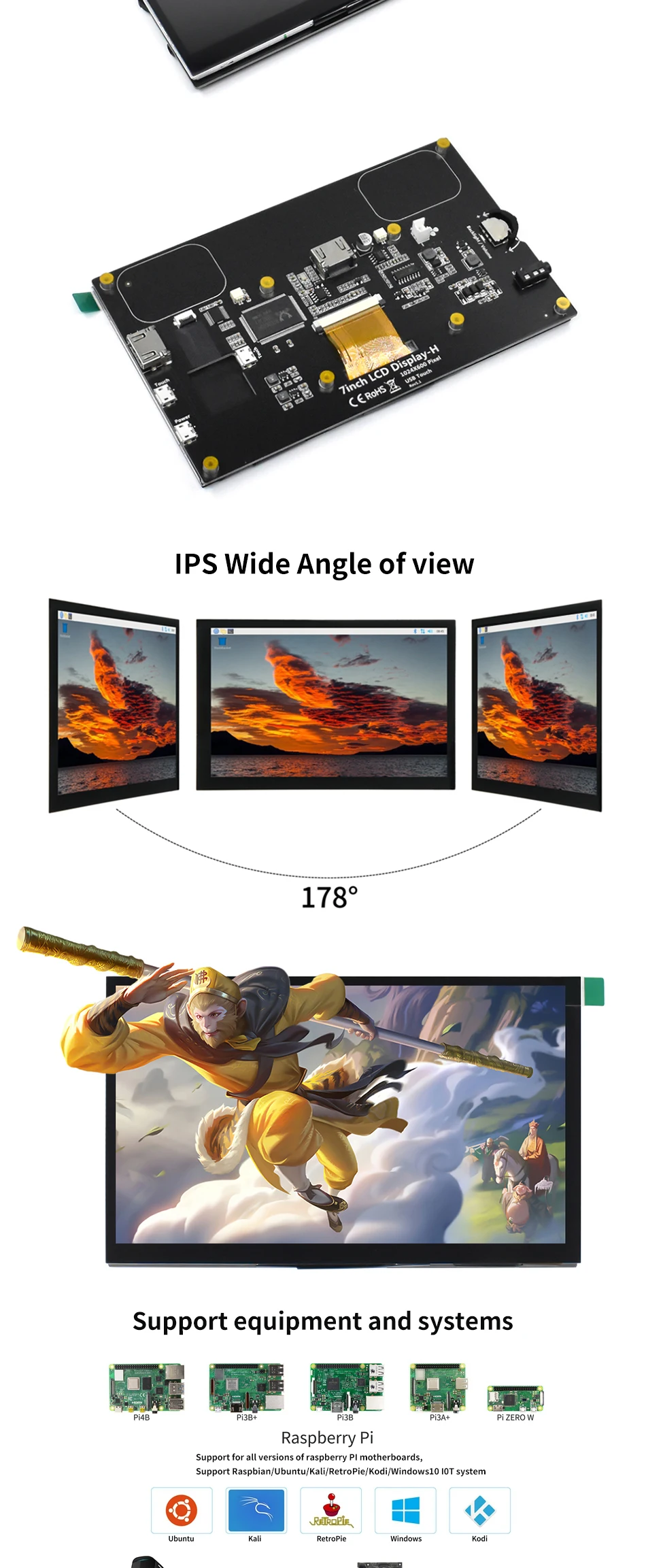 7 Inch Raspberry Pi 4 Model B Touch Screen 1024x600 IPS Capacitive LCD with Speaker for Raspberry Pi 3B+/3B/Nvidia Jetson Nano