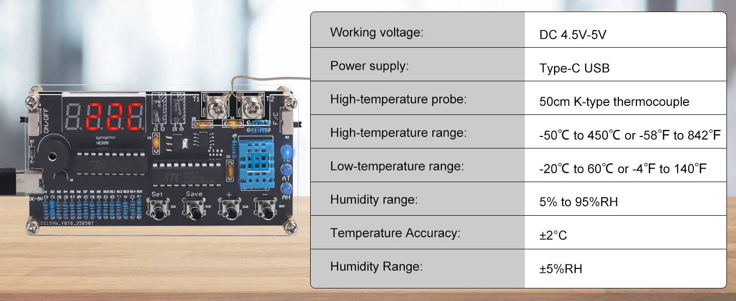 DIY Thermometer Electronics Kit with High/Low Alarm, DC 4.5-5V Temperature Humidity Sensor Soldering Project for STEM Learning