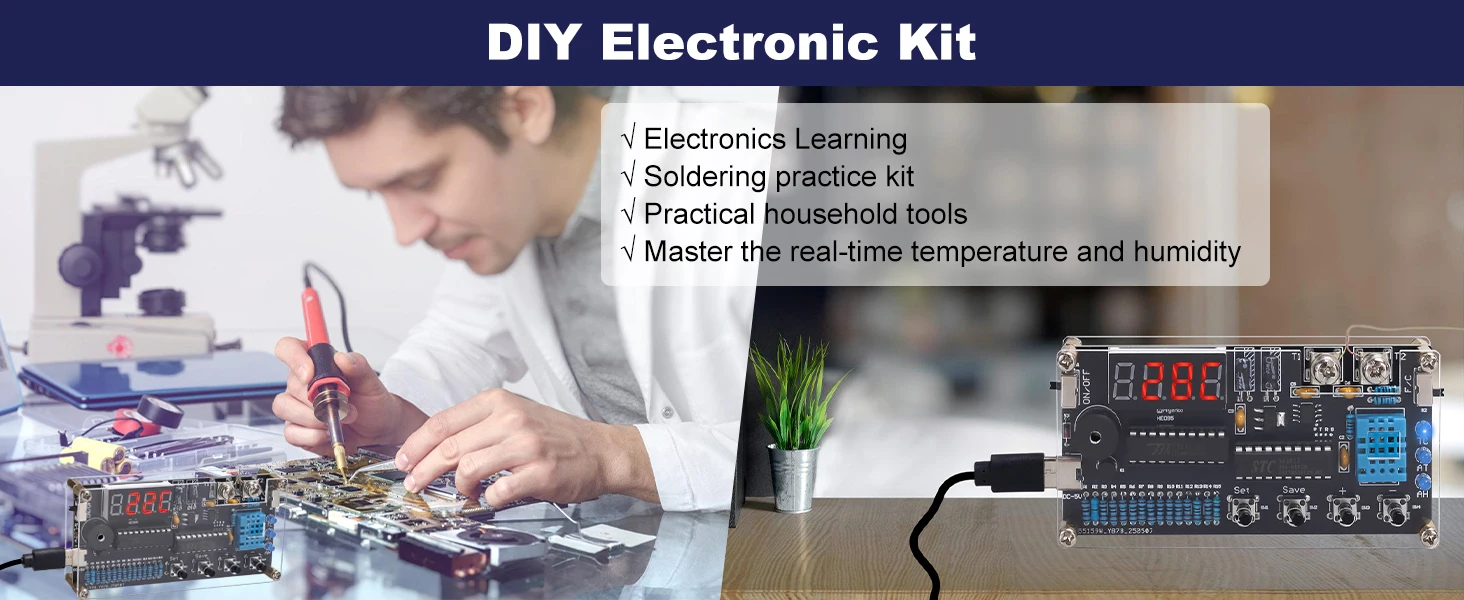 DIY Thermometer Electronics Kit with High/Low Alarm, DC 4.5-5V Temperature Humidity Sensor Soldering Project for STEM Learning