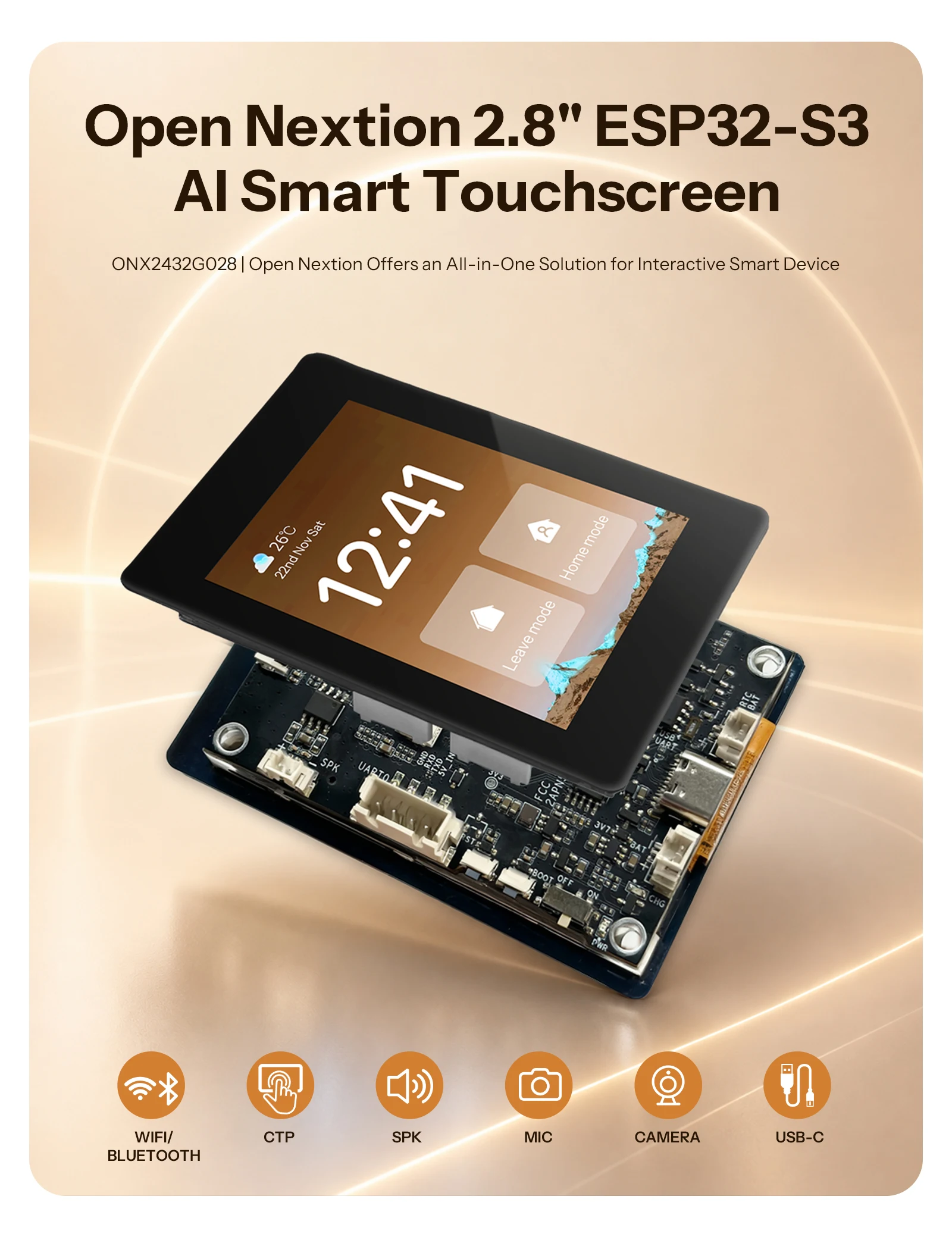 NEXTION ONX2432G028 2.8″ Genius Series ESP32-S3 LCD AI Smart Display CTP Touchscreen Development Board 2.4 GHz Wi-Fi Bluetooth 5