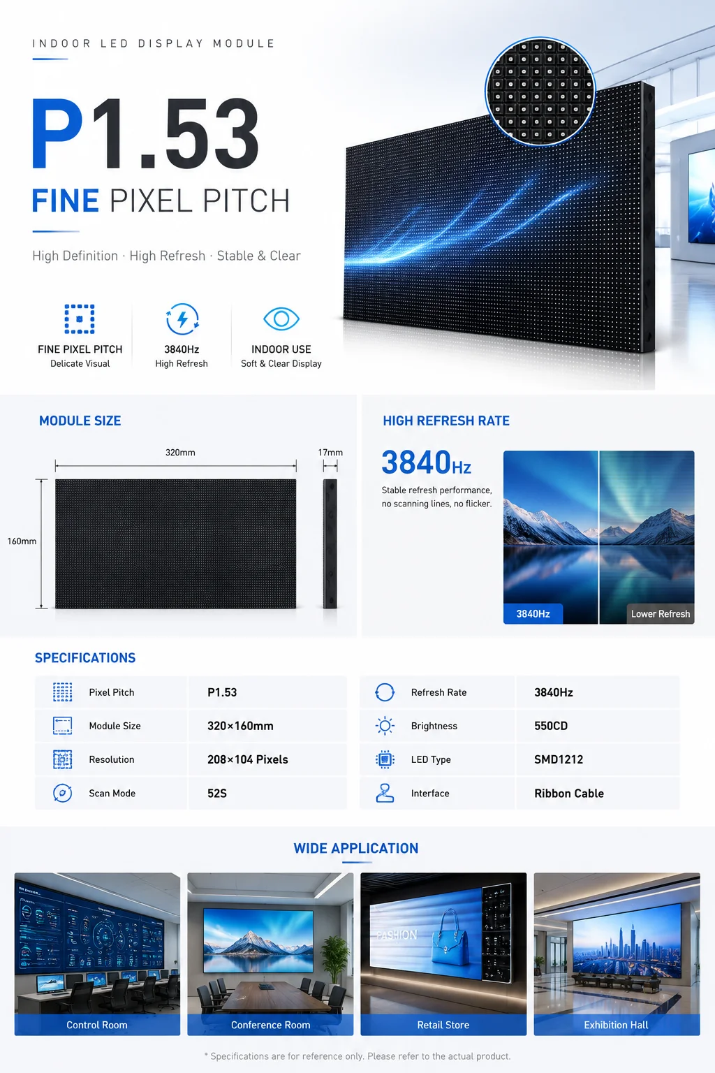 P1.53 Indoor Full Color Matrix LED Display Panel for Display Screen Wall Indoor Small Pitch 320x160mm 208x104 Pixels